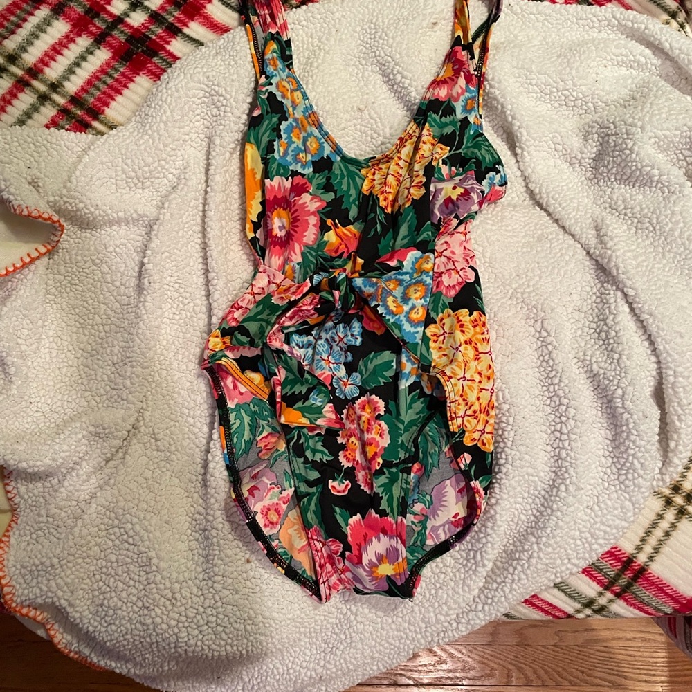 Vintage 90s Adrienne Vittadini Black Floral One-Piece with Multicolor Print